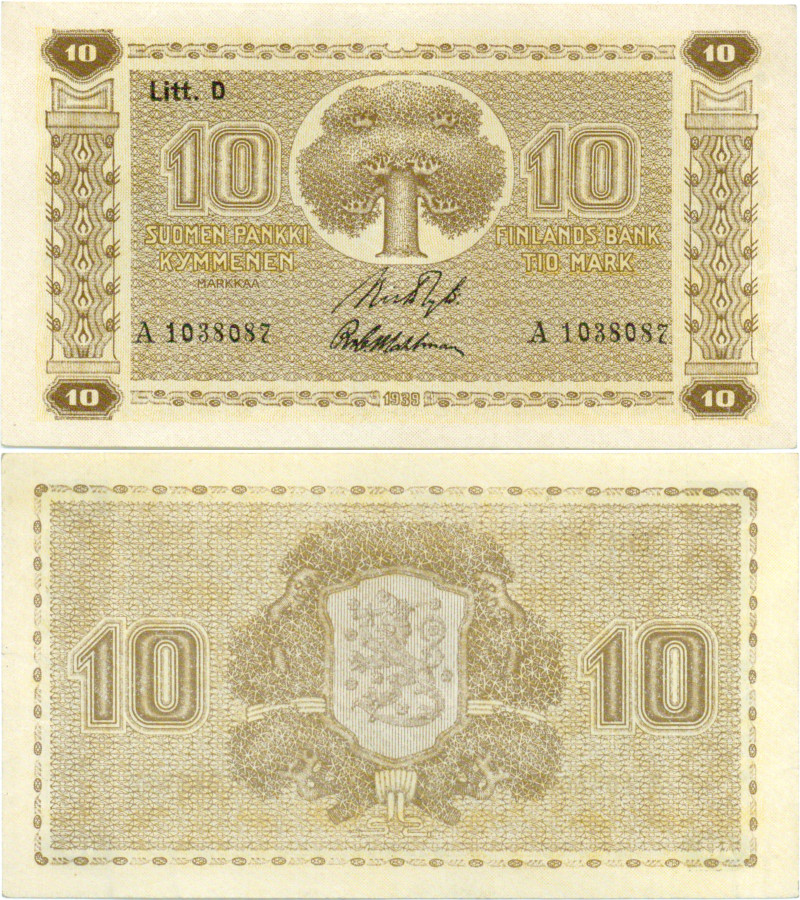 10 Markkaa 1939 Litt.D A1038087 kk.I vl.II kl.8